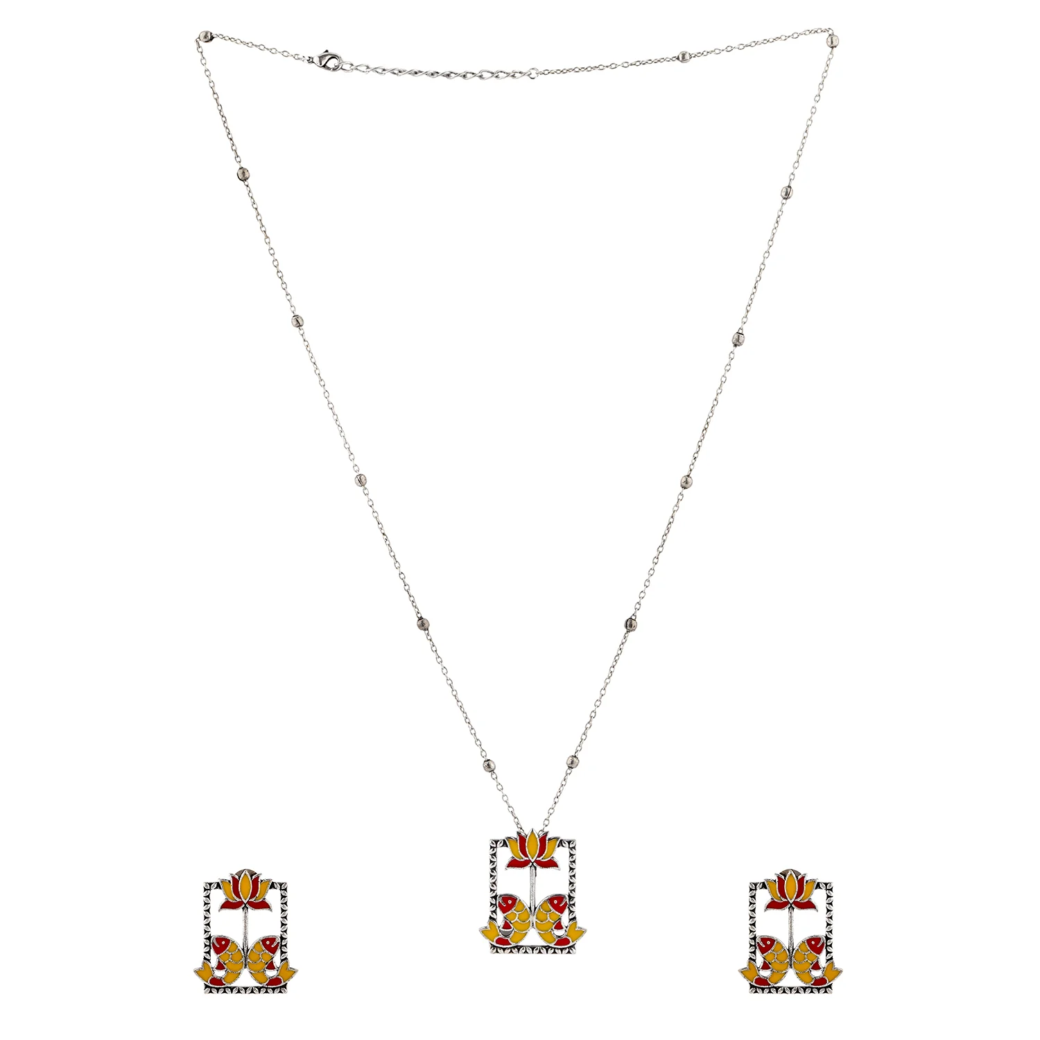 Madhubani Matsya Gulmohar Oxidised Enamel Pendant Set - Image 4