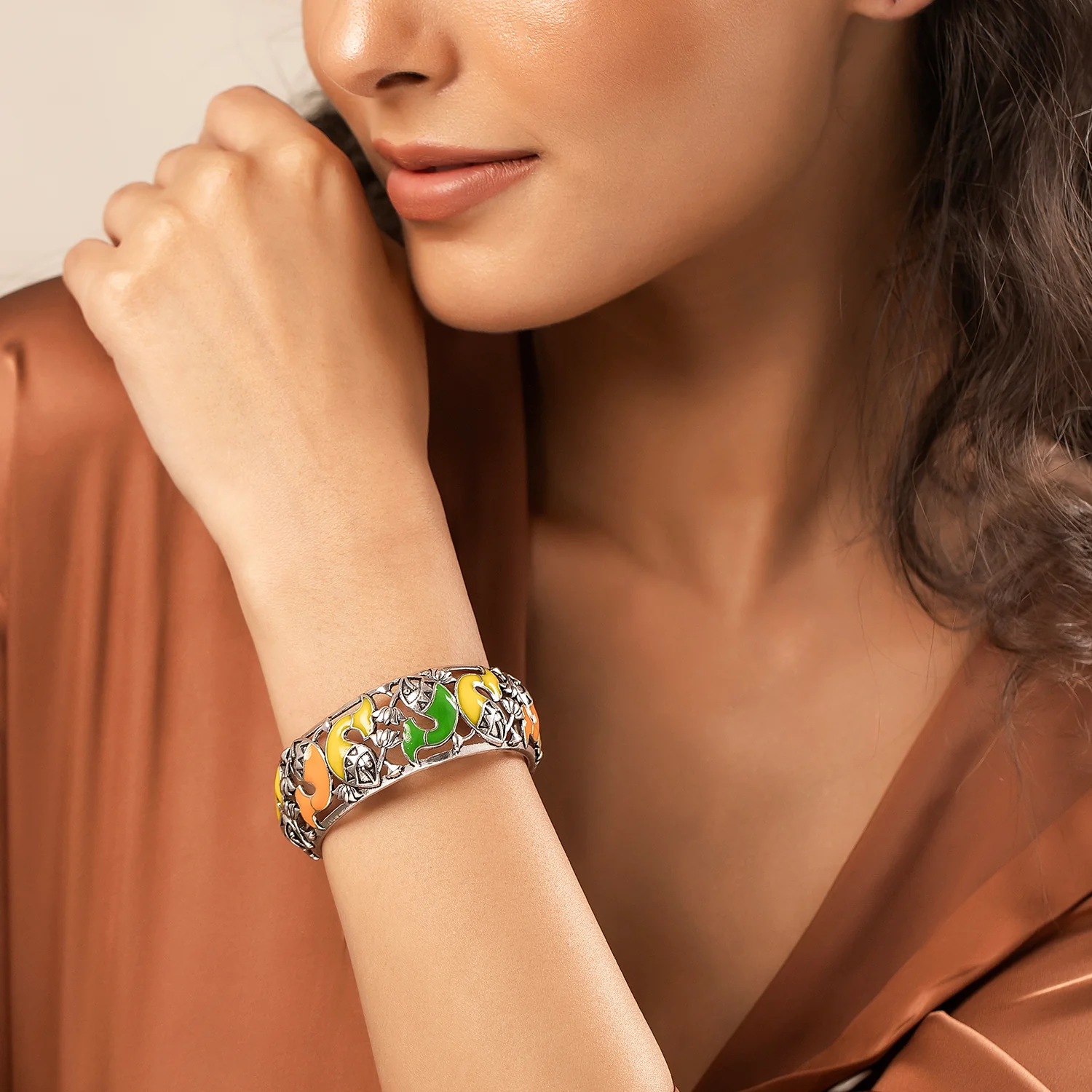 Madhubani Matsya Mandala Oxidised Enamel Cuff Bangle - Image 2