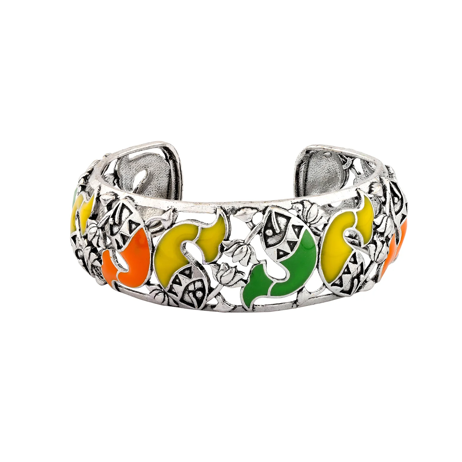Madhubani Matsya Mandala Oxidised Enamel Cuff Bangle - Image 4