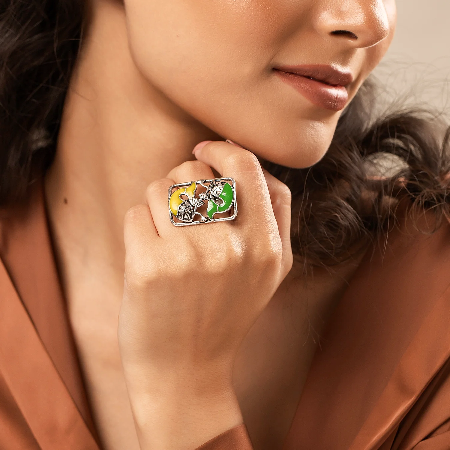 Madhubani Matsya Mandala Oxidised Enamel Ring - Image 2