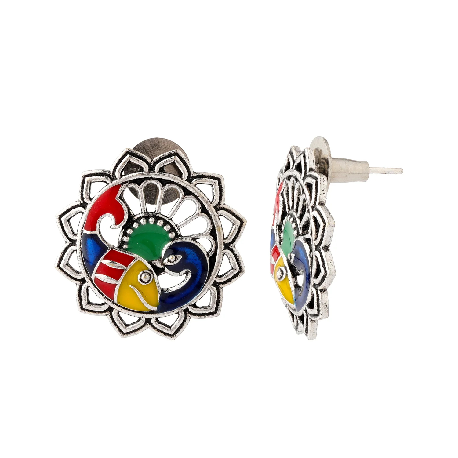 Madhubani Matsya Mayur Oxidised Enamel Choker Necklace Set - Image 5