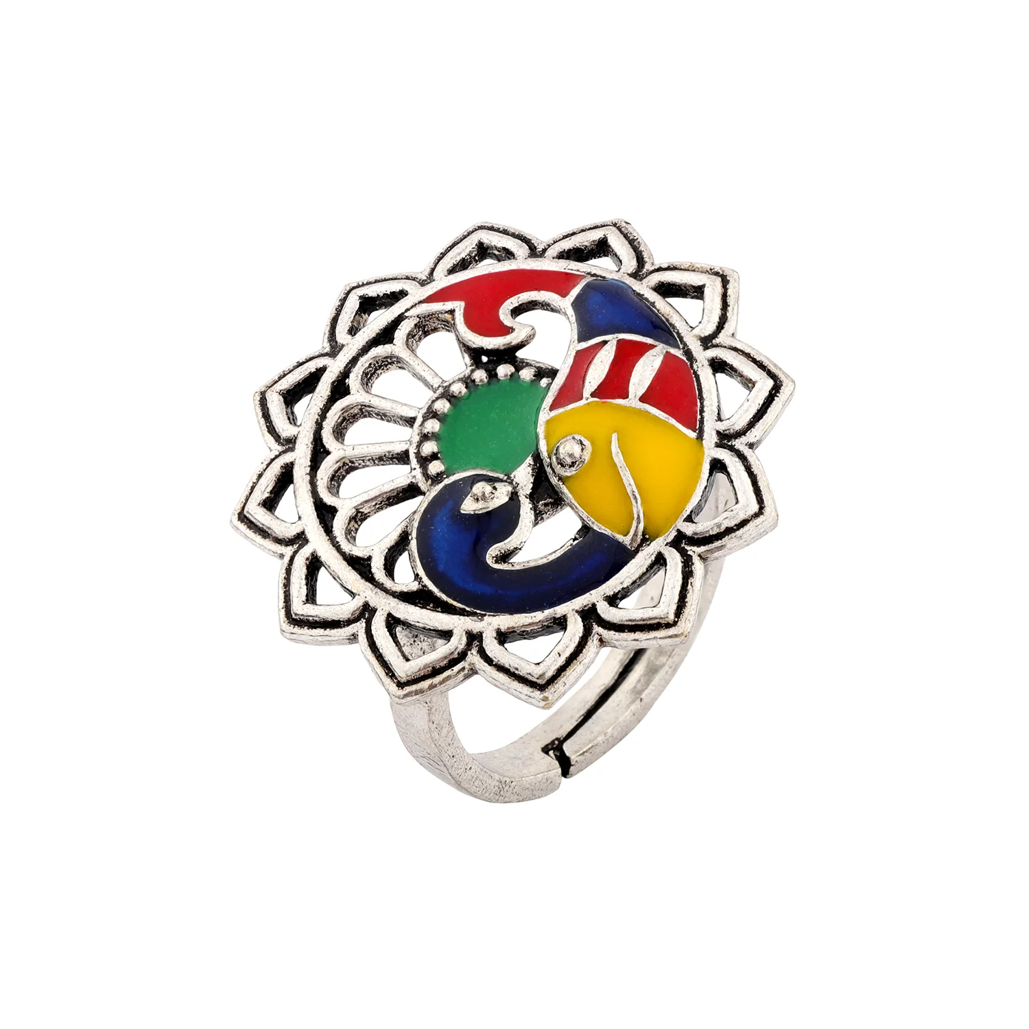 Madhubani Matsya Mayur Oxidised Enamel Ring - Image 4