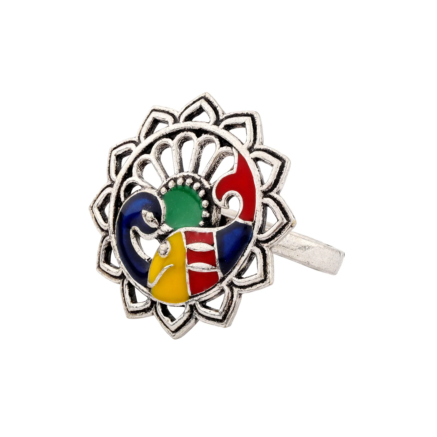 Madhubani Matsya Mayur Oxidised Enamel Ring - Image 5