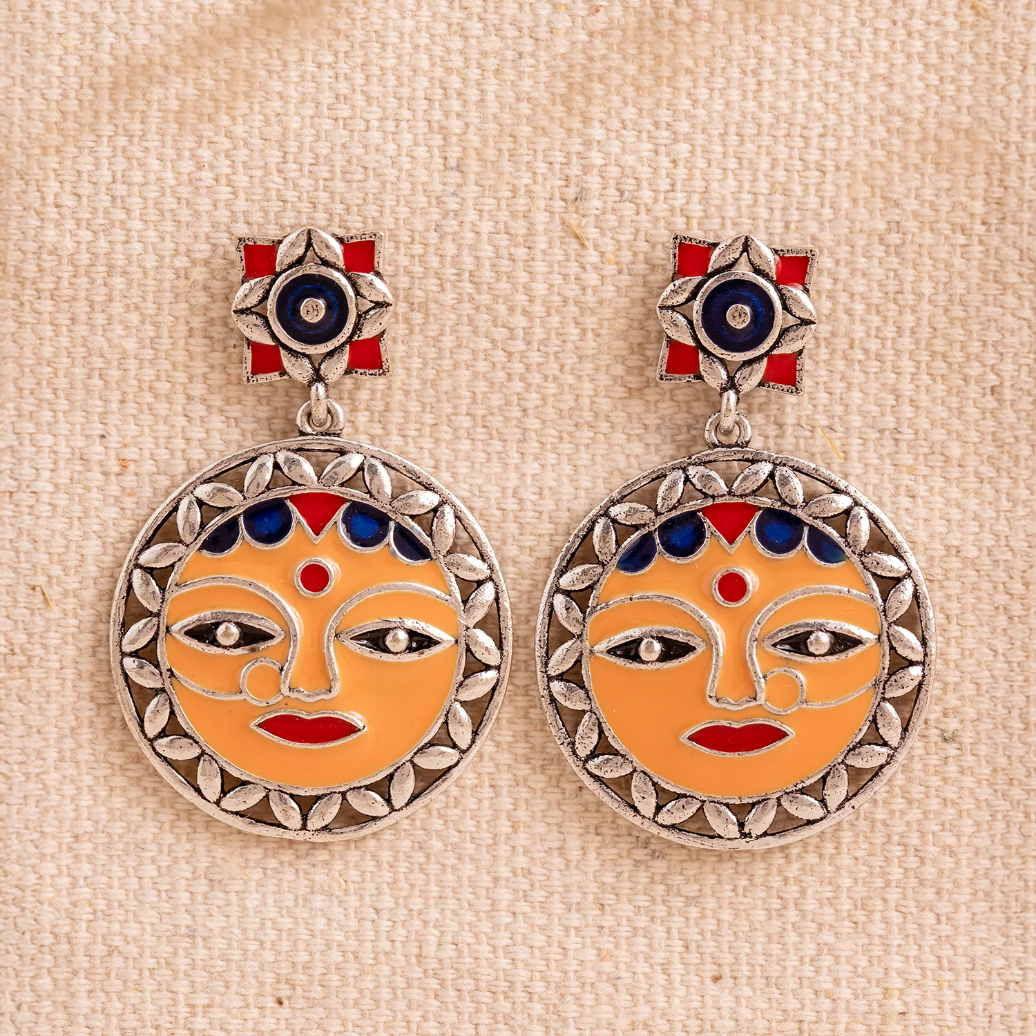Madhubani Mithila Mukha Oxidised Enamel Earrings