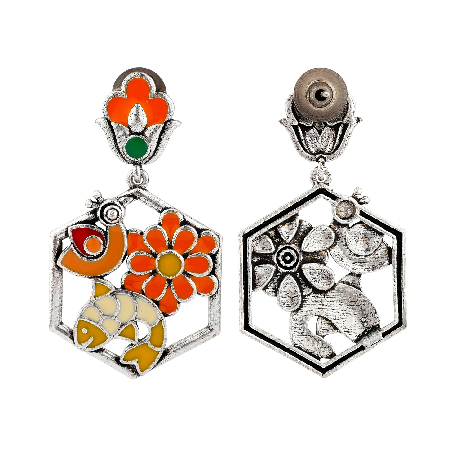 Madhubani Pakhi Matsya Katha Oxidised Enamel Earrings - Image 5