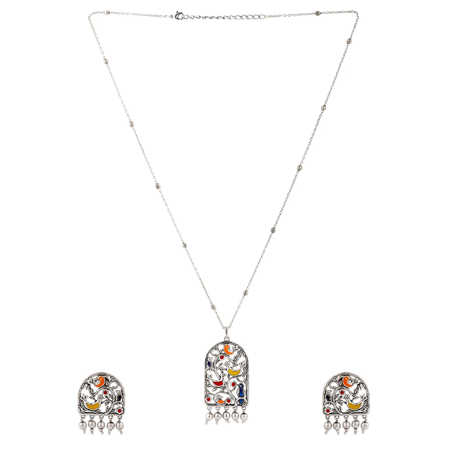 Madhubani Pakhi Oxidised Enamel Pendant Set - Image 4