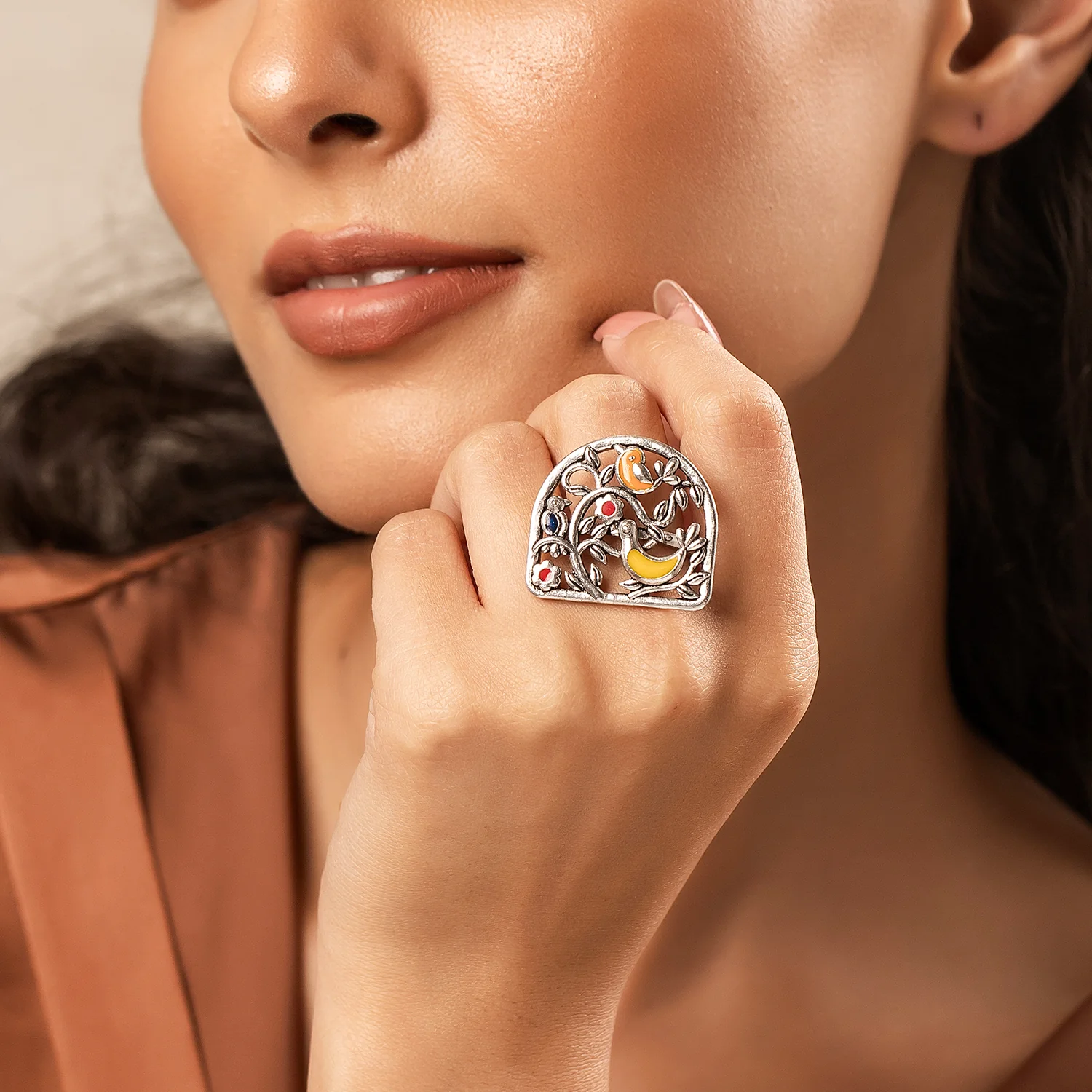 Madhubani Pakhi Oxidised Enamel Ring - Image 2