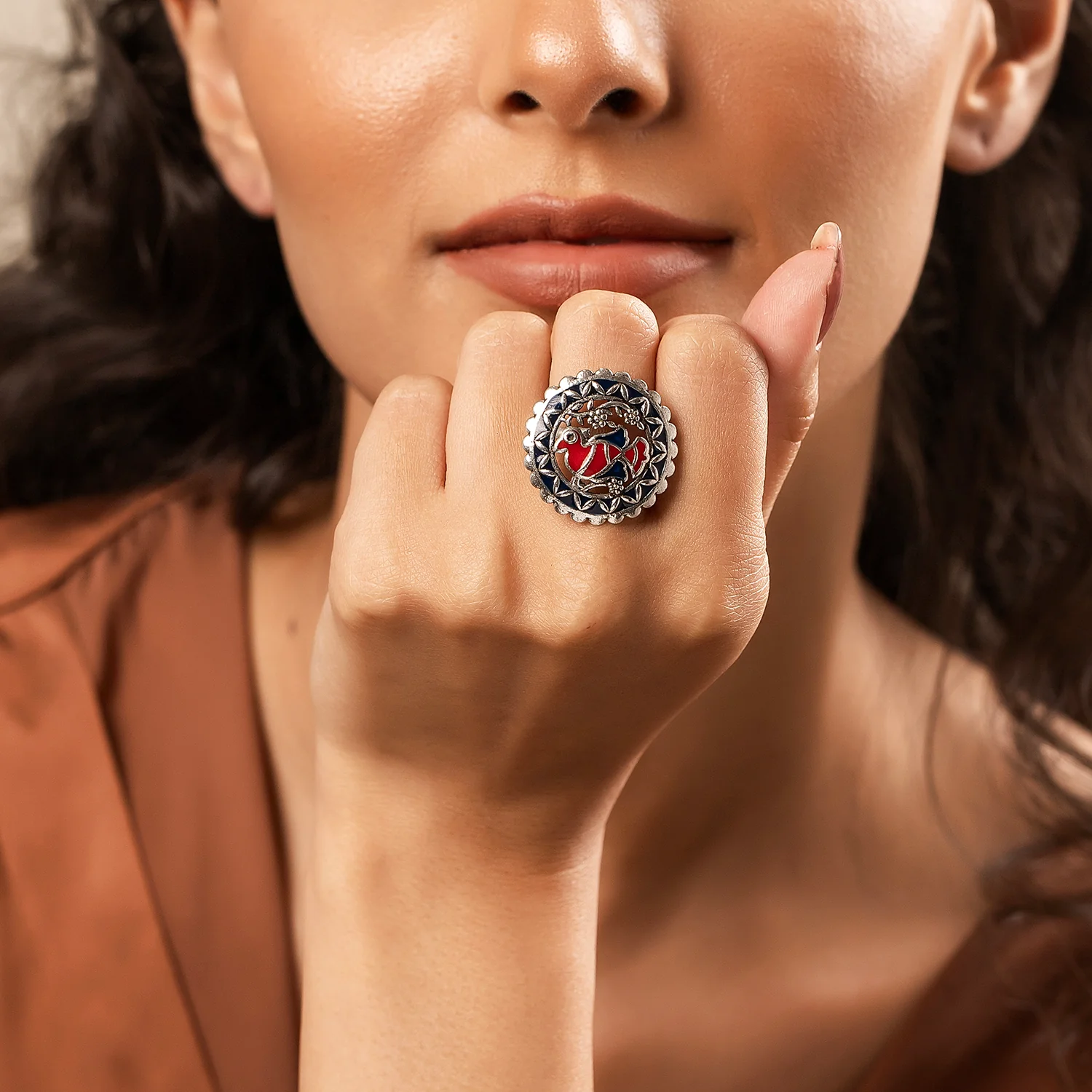Madhubani Pakhi Phool Oxidised Enamel Ring - Image 2