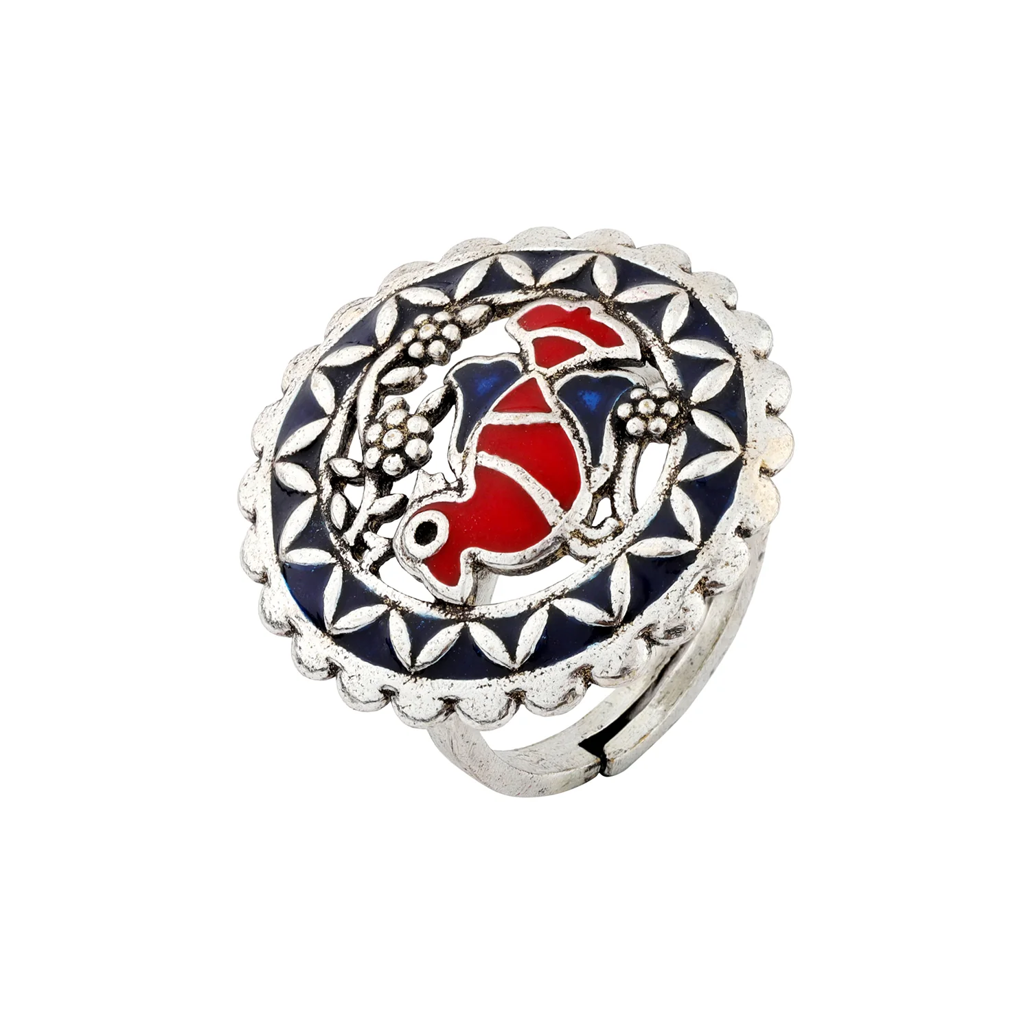 Madhubani Pakhi Phool Oxidised Enamel Ring - Image 4
