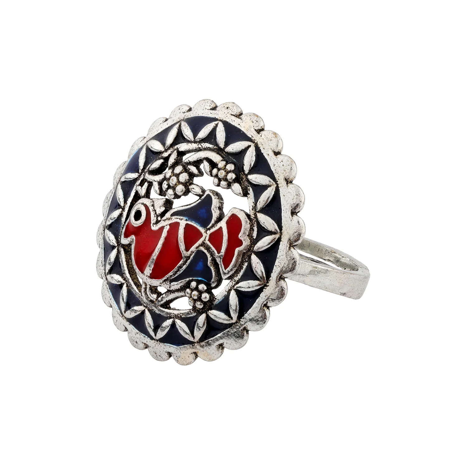 Madhubani Pakhi Phool Oxidised Enamel Ring - Image 5