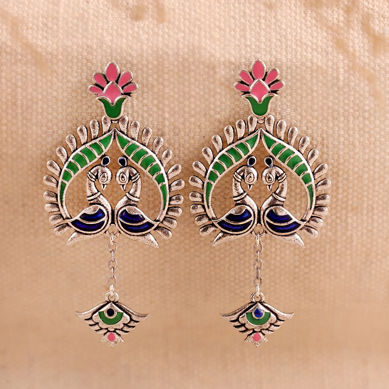 Madhubani Peacock Pratha Oxidised Enamel Earrings