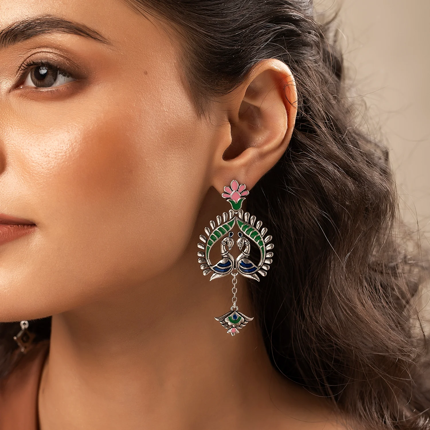 Madhubani Peacock Pratha Oxidised Enamel Earrings - Image 2