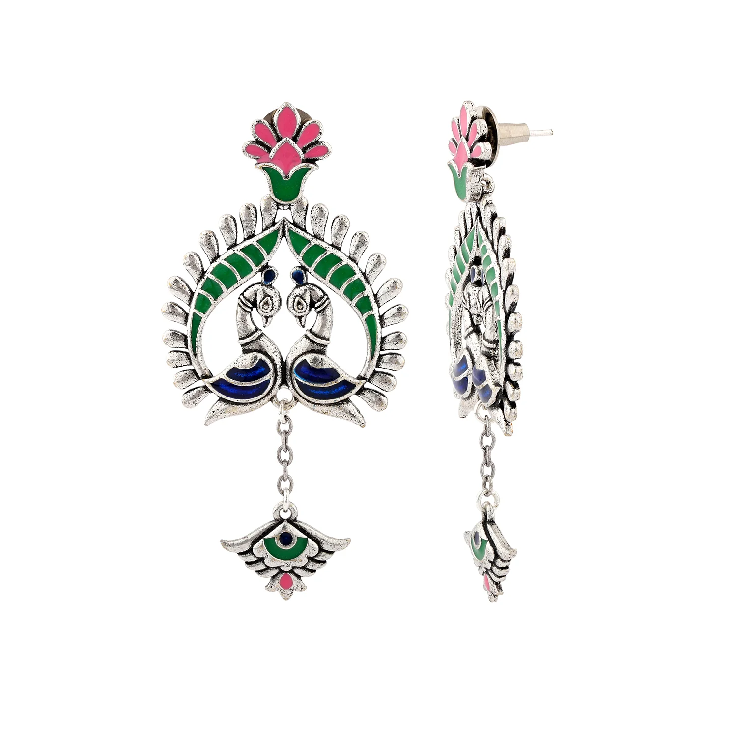 Madhubani Peacock Pratha Oxidised Enamel Earrings - Image 3