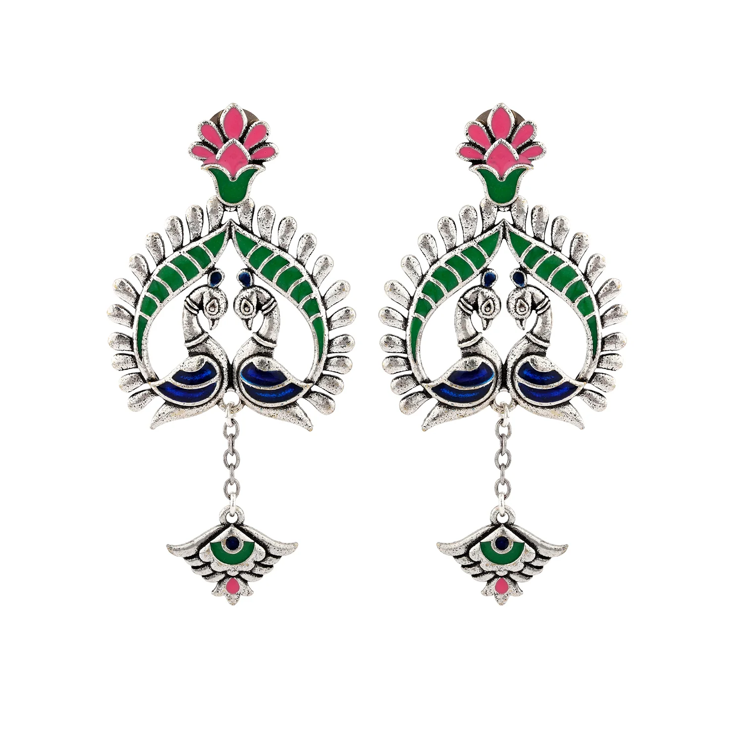 Madhubani Peacock Pratha Oxidised Enamel Earrings - Image 4
