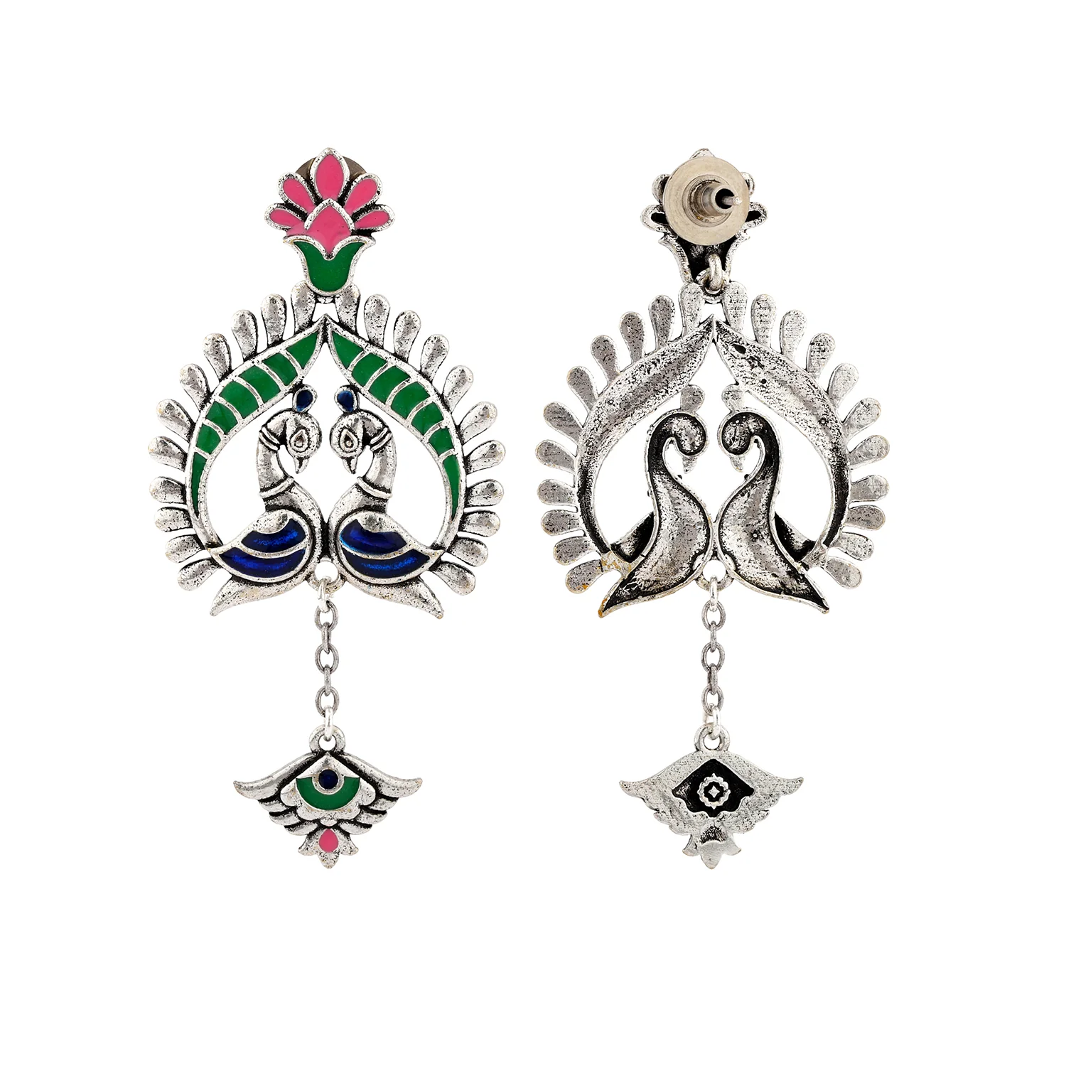Madhubani Peacock Pratha Oxidised Enamel Earrings - Image 5