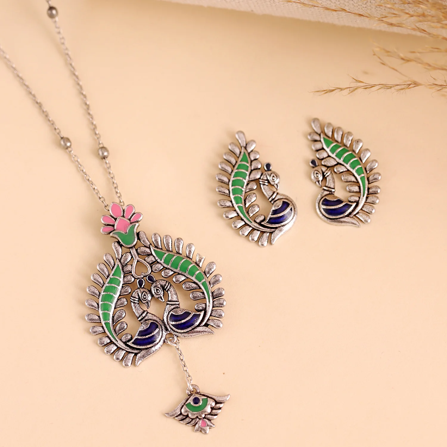 Madhubani Peacock Pratha Oxidised Enamel Pendant Set