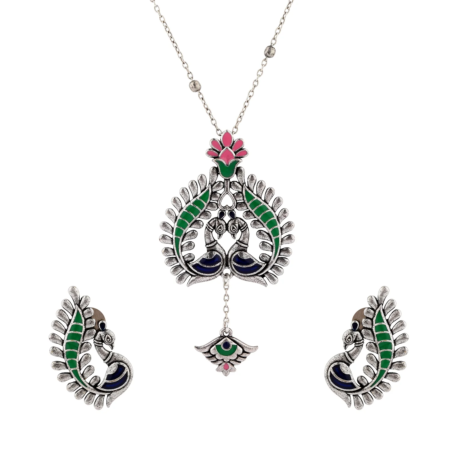 Madhubani Peacock Pratha Oxidised Enamel Pendant Set - Image 3