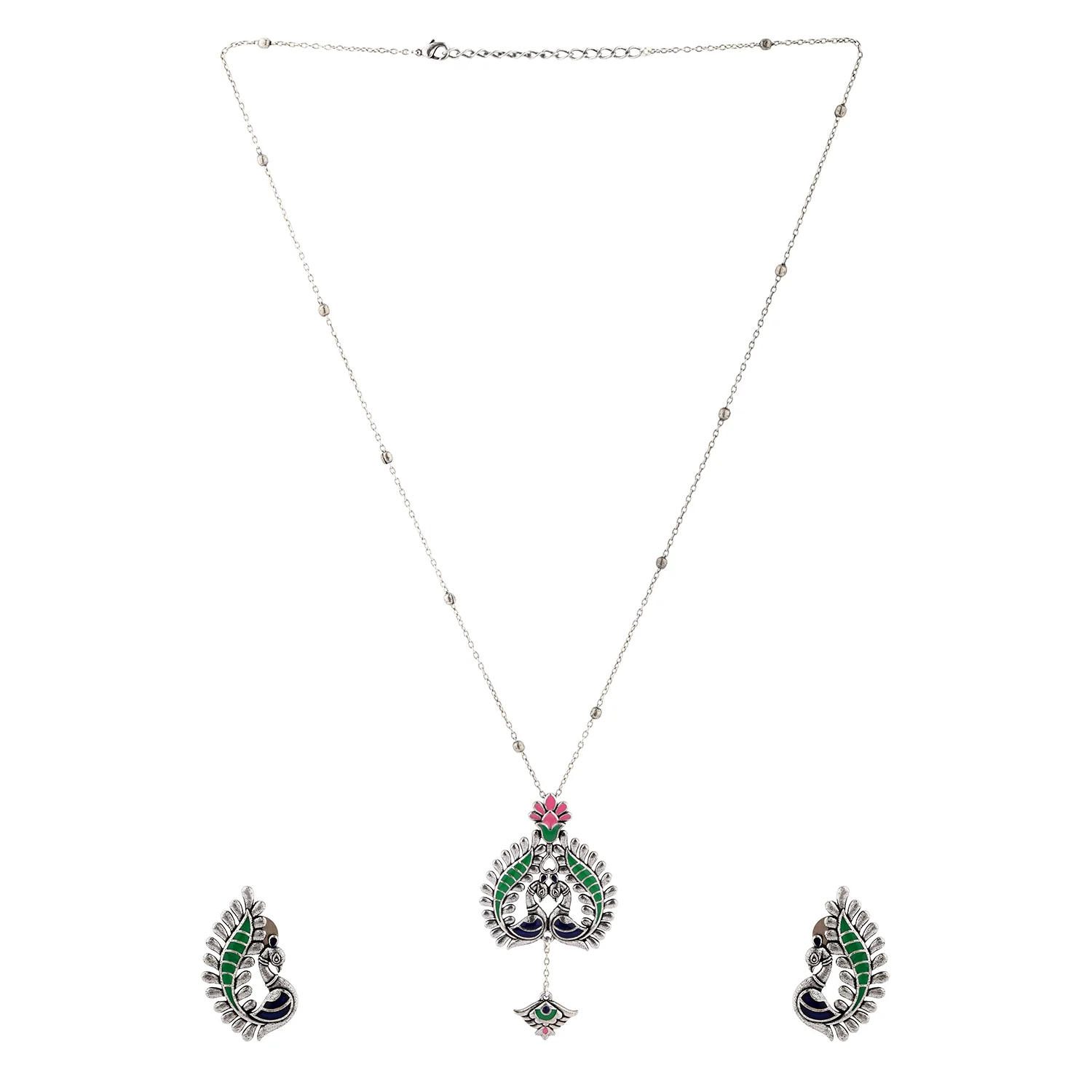 Madhubani Peacock Pratha Oxidised Enamel Pendant Set - Image 4