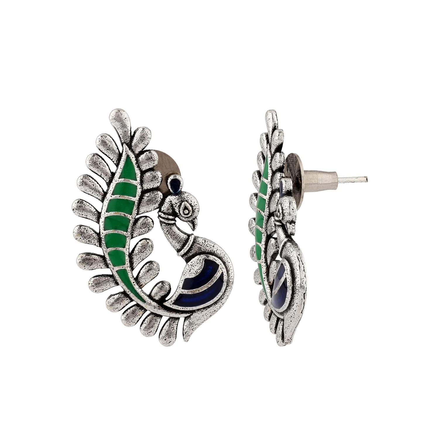 Madhubani Peacock Pratha Oxidised Enamel Pendant Set - Image 5