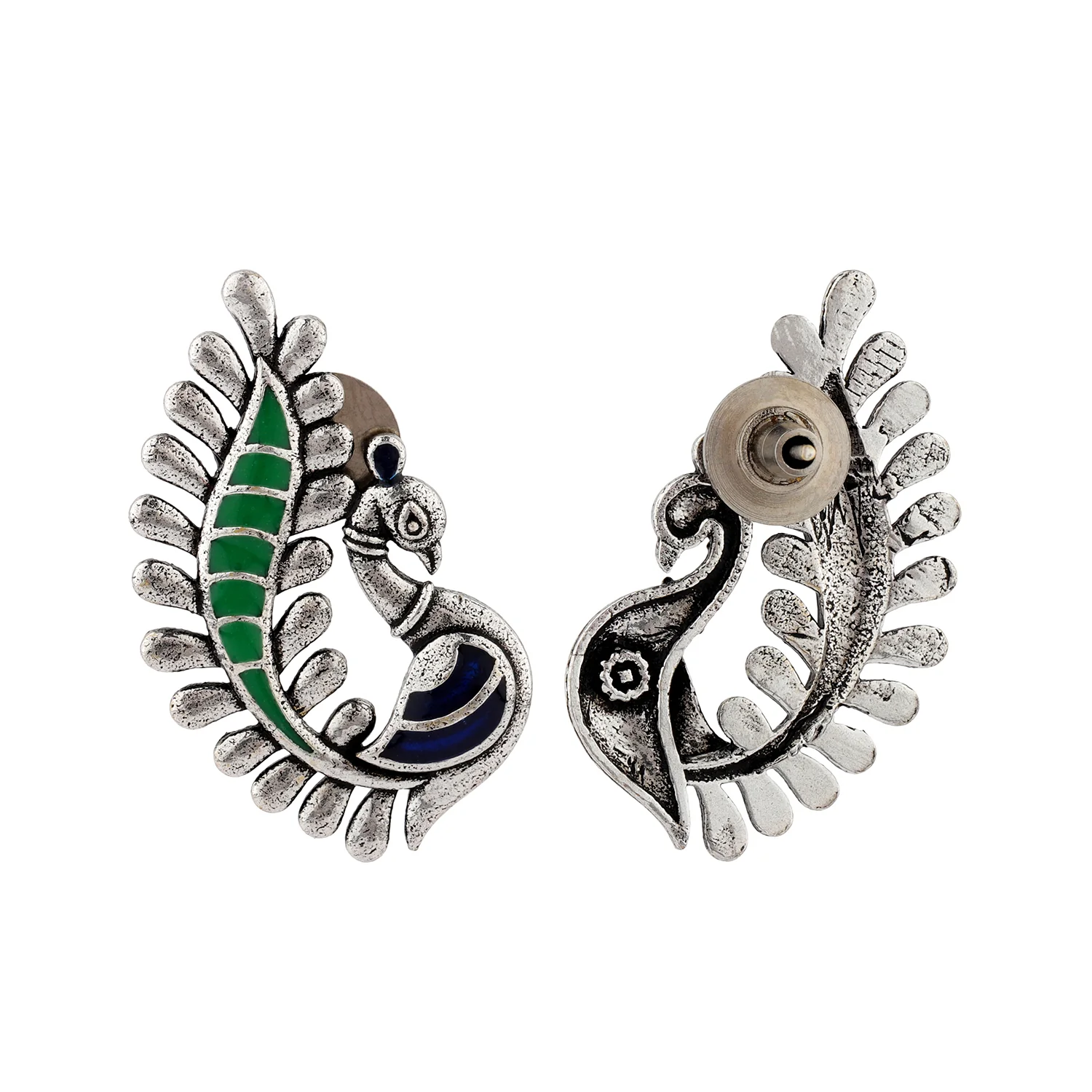 Madhubani Peacock Pratha Oxidised Enamel Pendant Set - Image 6