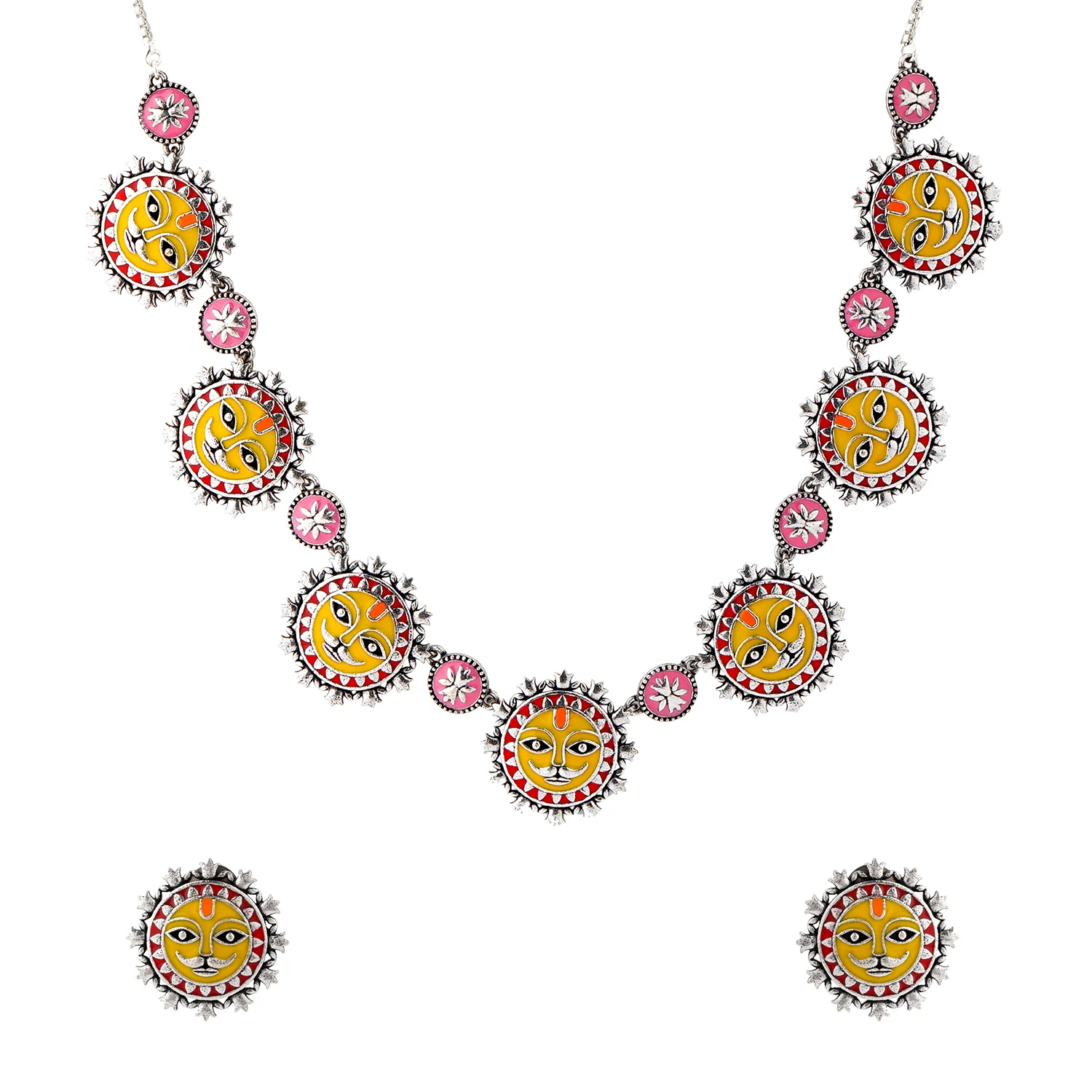 Madhubani Surya Sutra Oxidised Enamel Necklace Set - Image 3