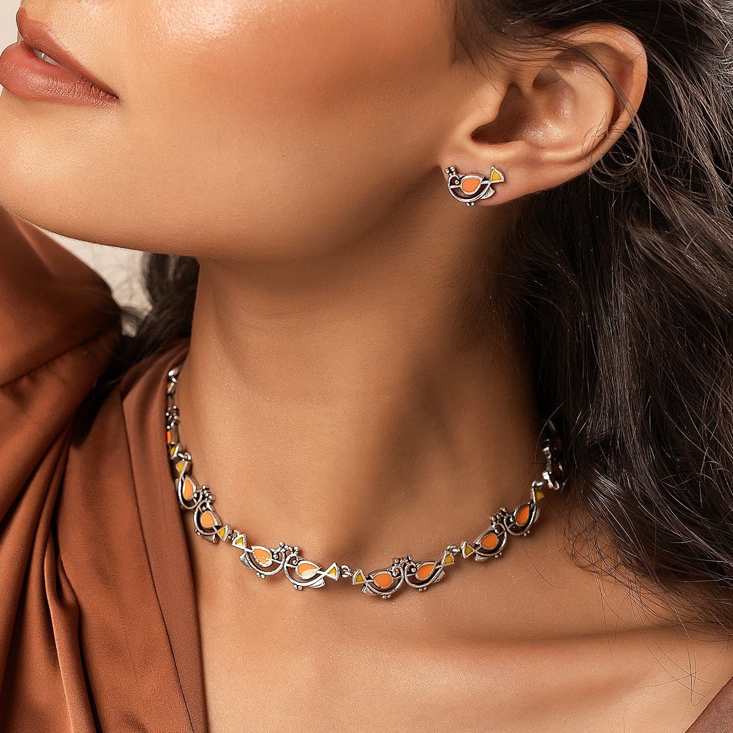 Madhubani Vihang Vibes Oxidised Enamel Necklace Set - Image 2