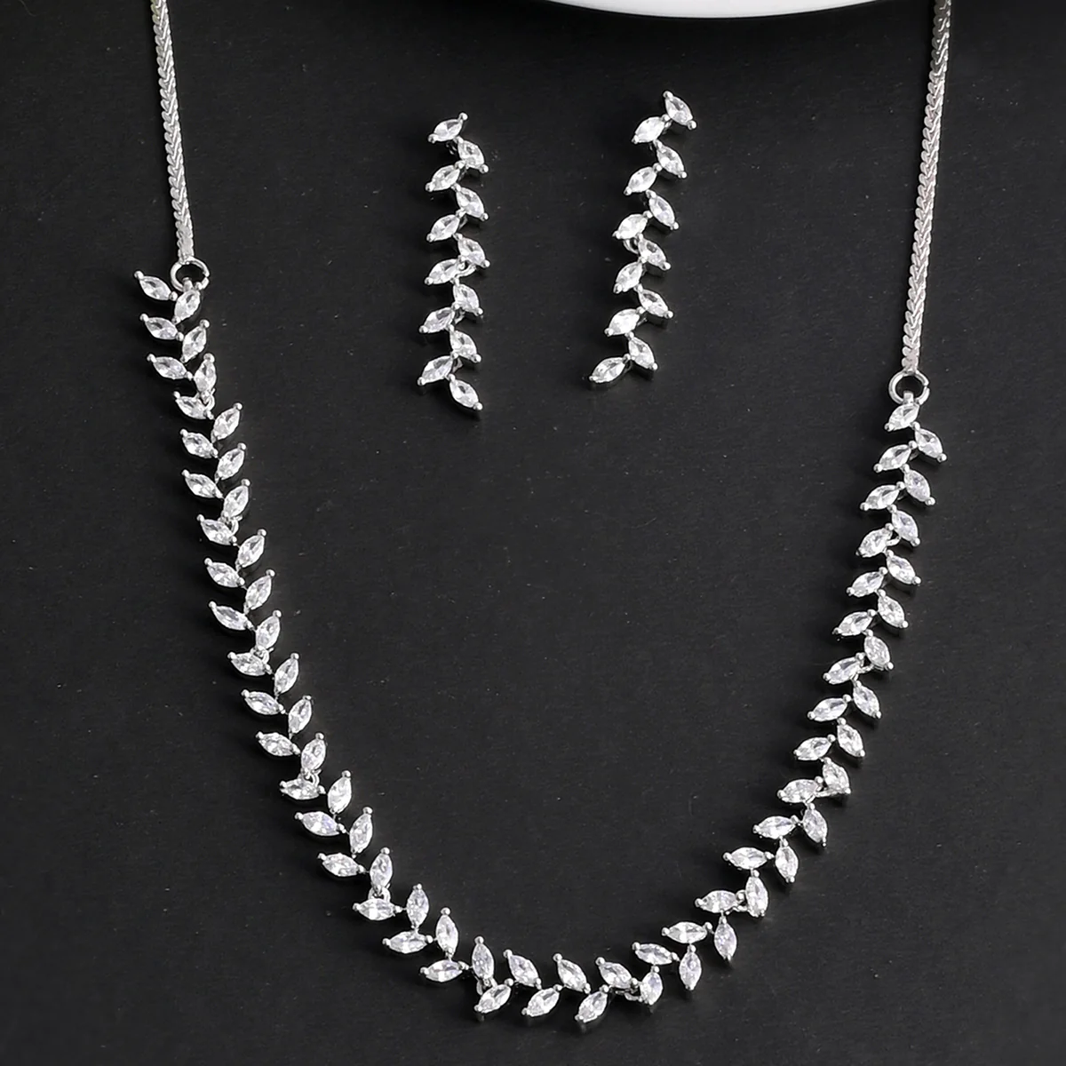 Marquise Cut CZ Adorned Brass Silver Plated Jewellery Set