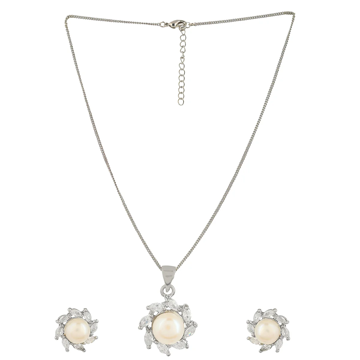 Marquise Cut CZ and Faux Pearls Brass Silver Plated Pendant Set - Image 2