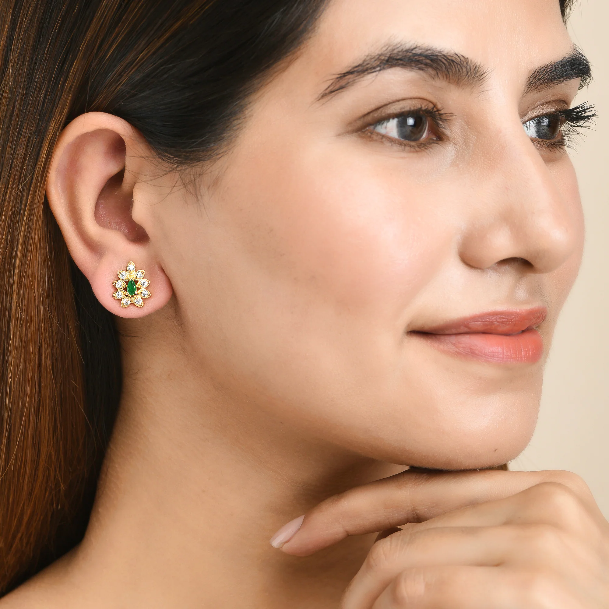 Marquise Cut Green and White Zirconia Stud Earrings - Image 2