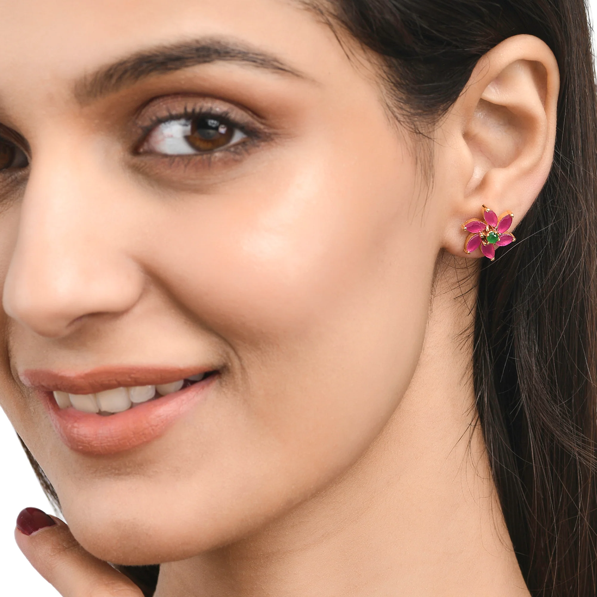 Marquise Cut Pink and Green CZ Floral Motif Stud Earrings - Image 2