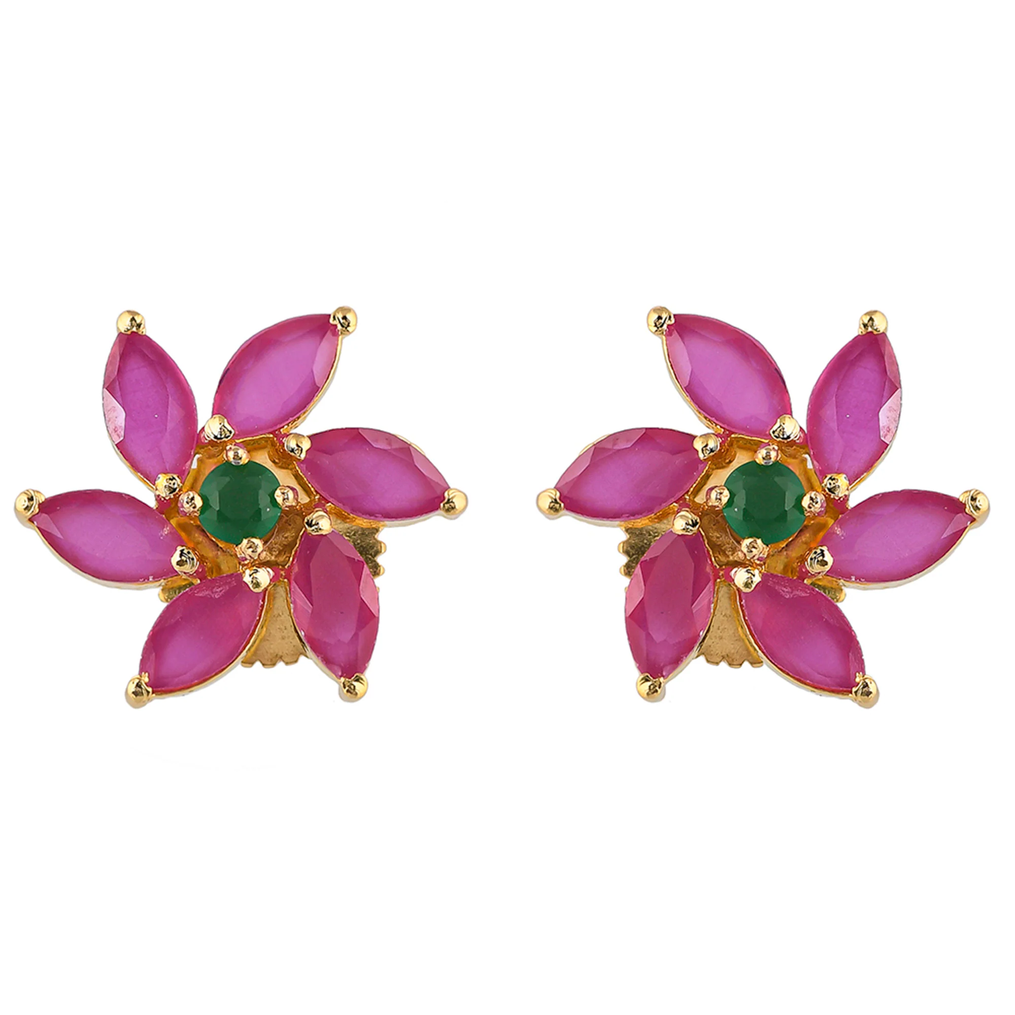 Marquise Cut Pink and Green CZ Floral Motif Stud Earrings - Image 3