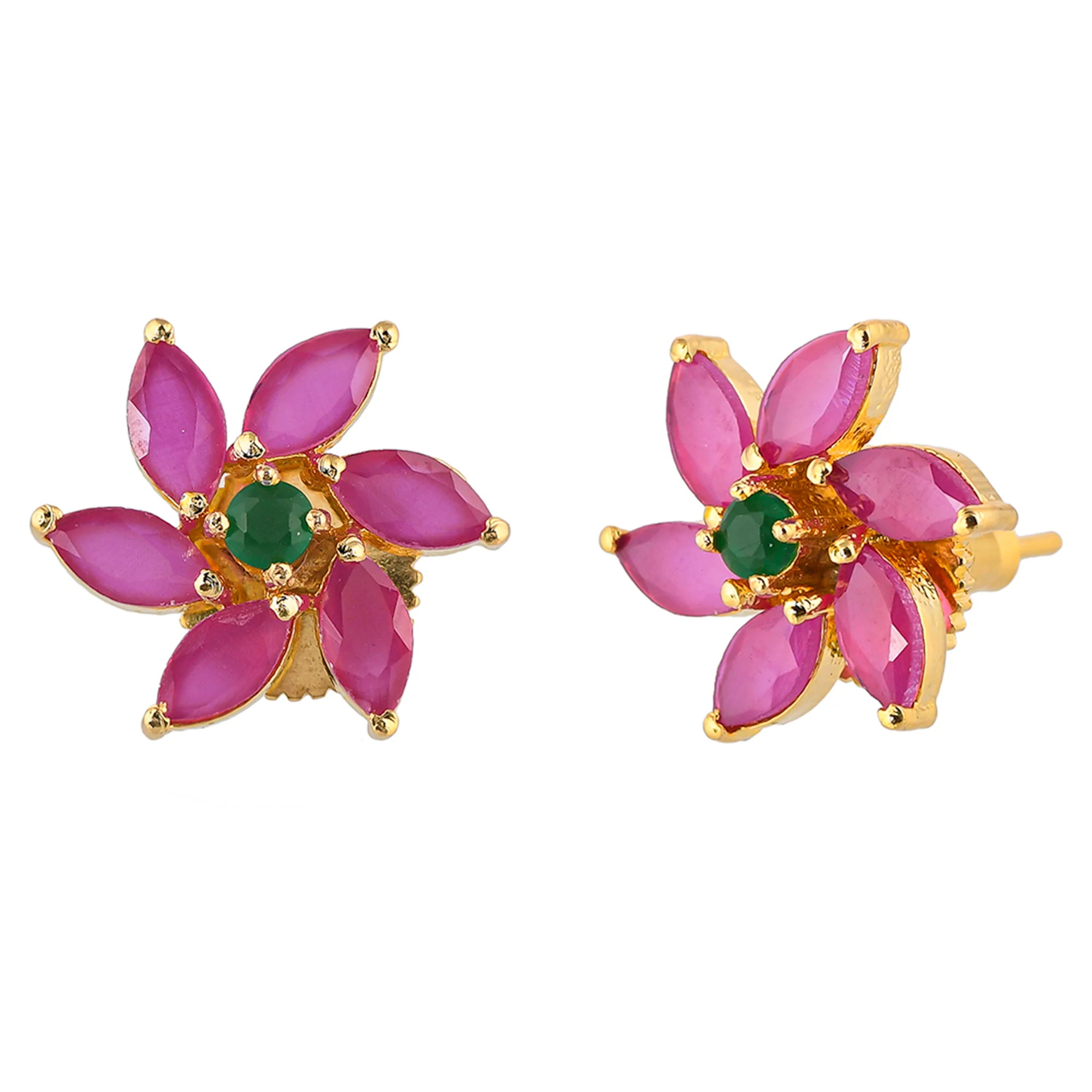 Marquise Cut Pink and Green CZ Floral Motif Stud Earrings - Image 4