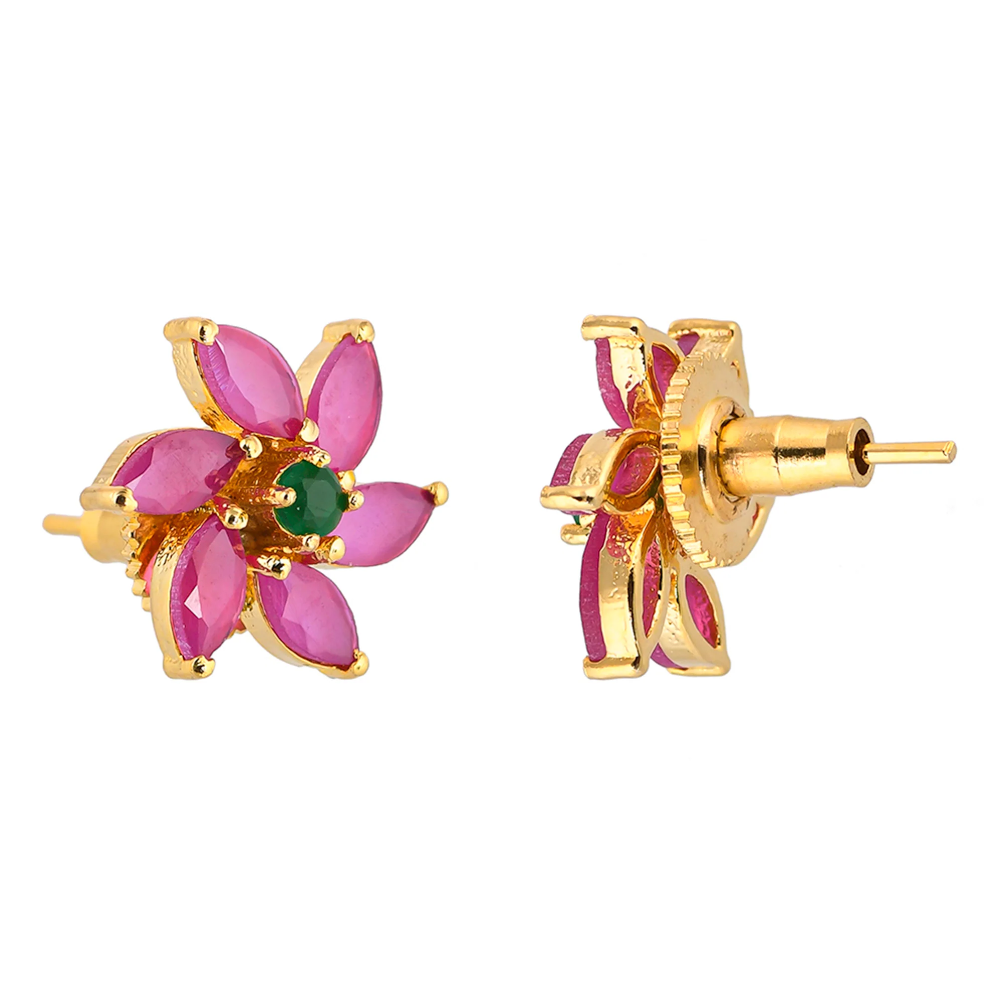 Marquise Cut Pink and Green CZ Floral Motif Stud Earrings - Image 5