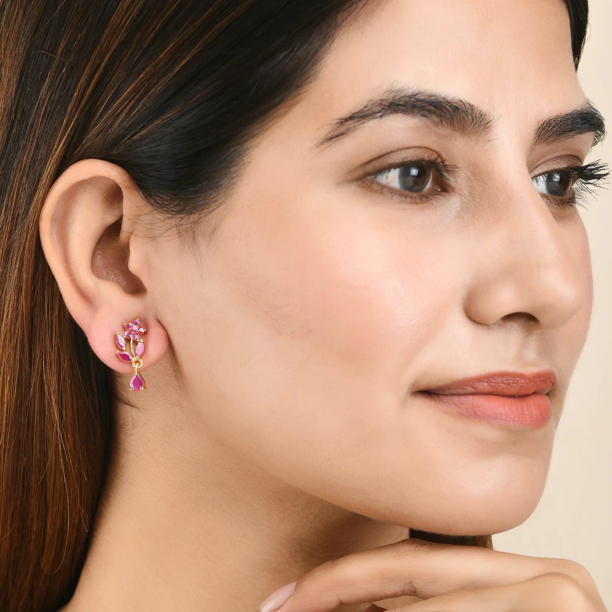 Marquise Cut Pink CZ Floral Stud Earrings - Image 2
