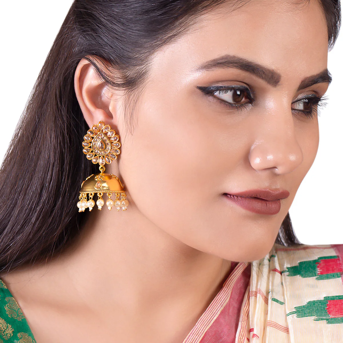 Matte Gold Toned Jhumka Earrings - Image 2