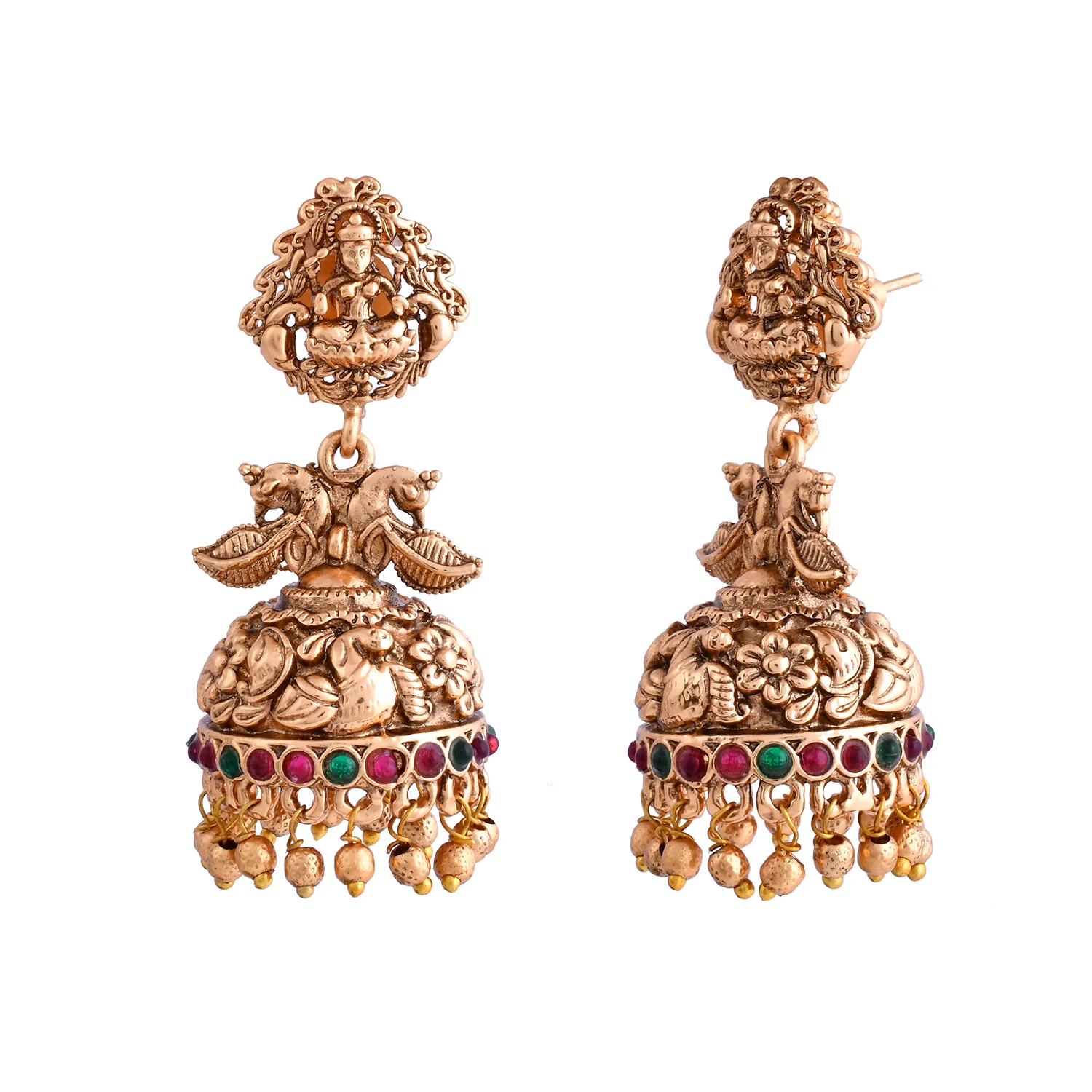 Gold Opulence Mayura Vilas Temple Jhumka Earrings - Image 3