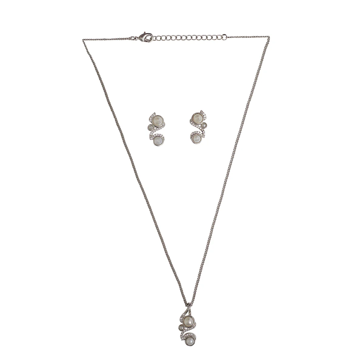 Minimalistic Faux Pearls and CZ Embellished Brass White Rhodium Plated Pendant Set - Image 3