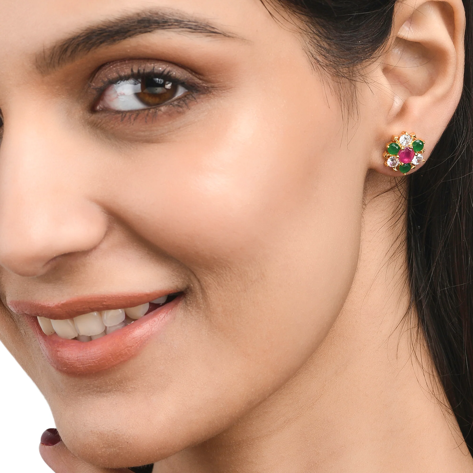 Minimalistic Green and Pink CZ Stud Earrings - Image 2