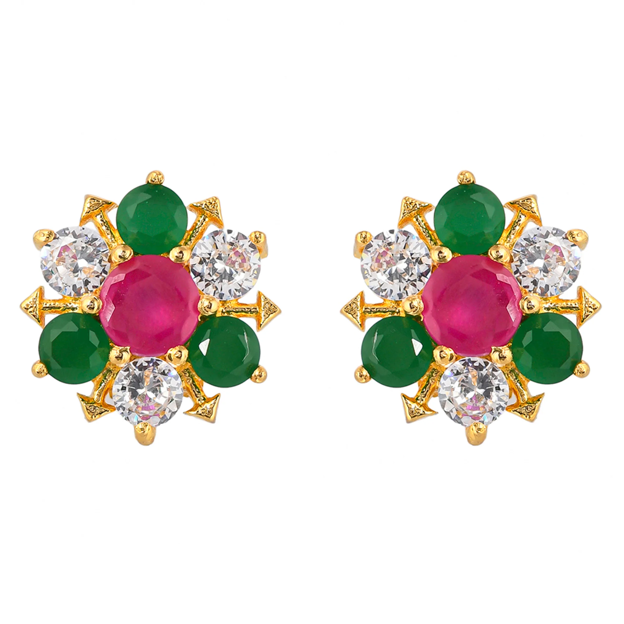 Minimalistic Green and Pink CZ Stud Earrings - Image 3
