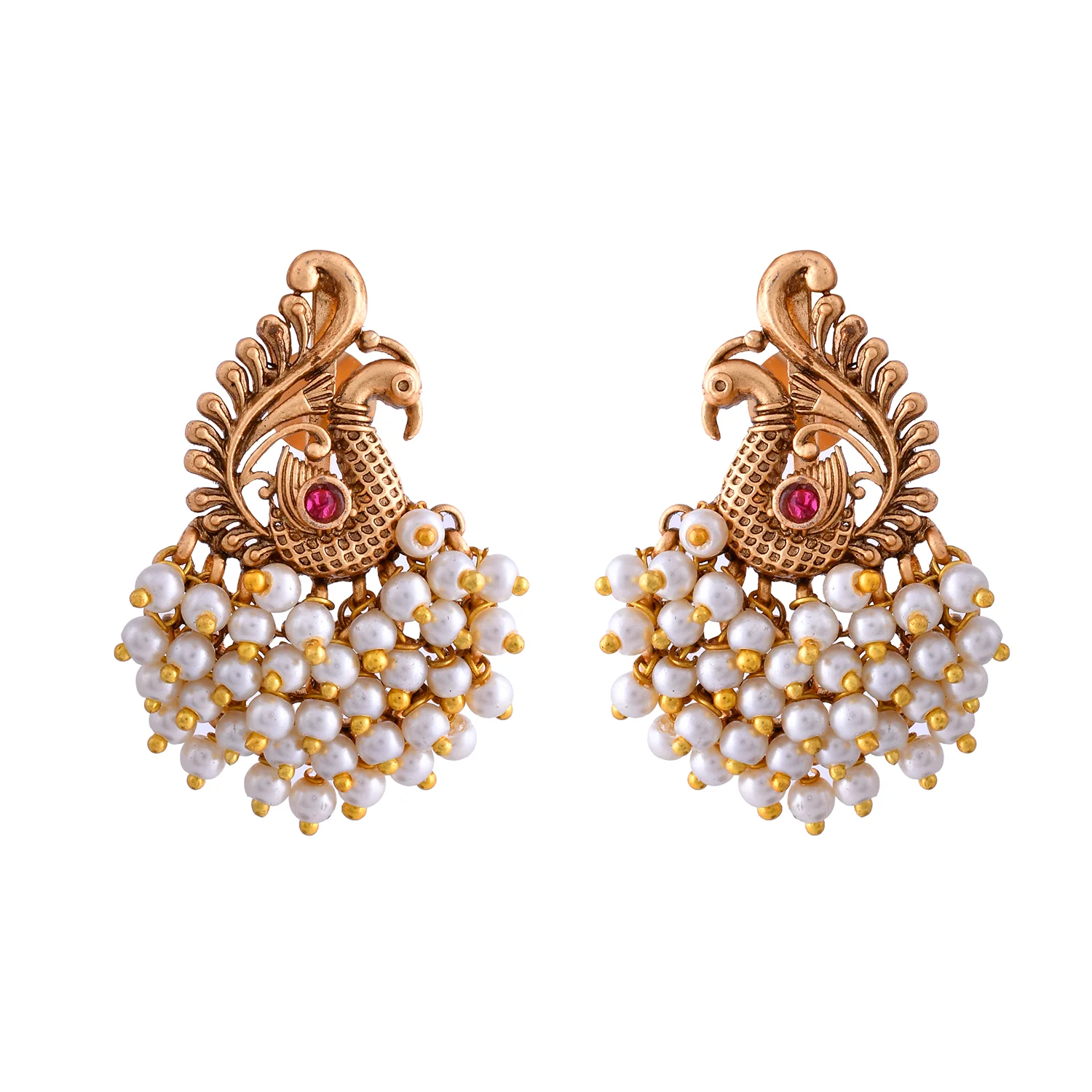 Gold Opulence Mor Mahal Temple Danglers Earrings - Image 3