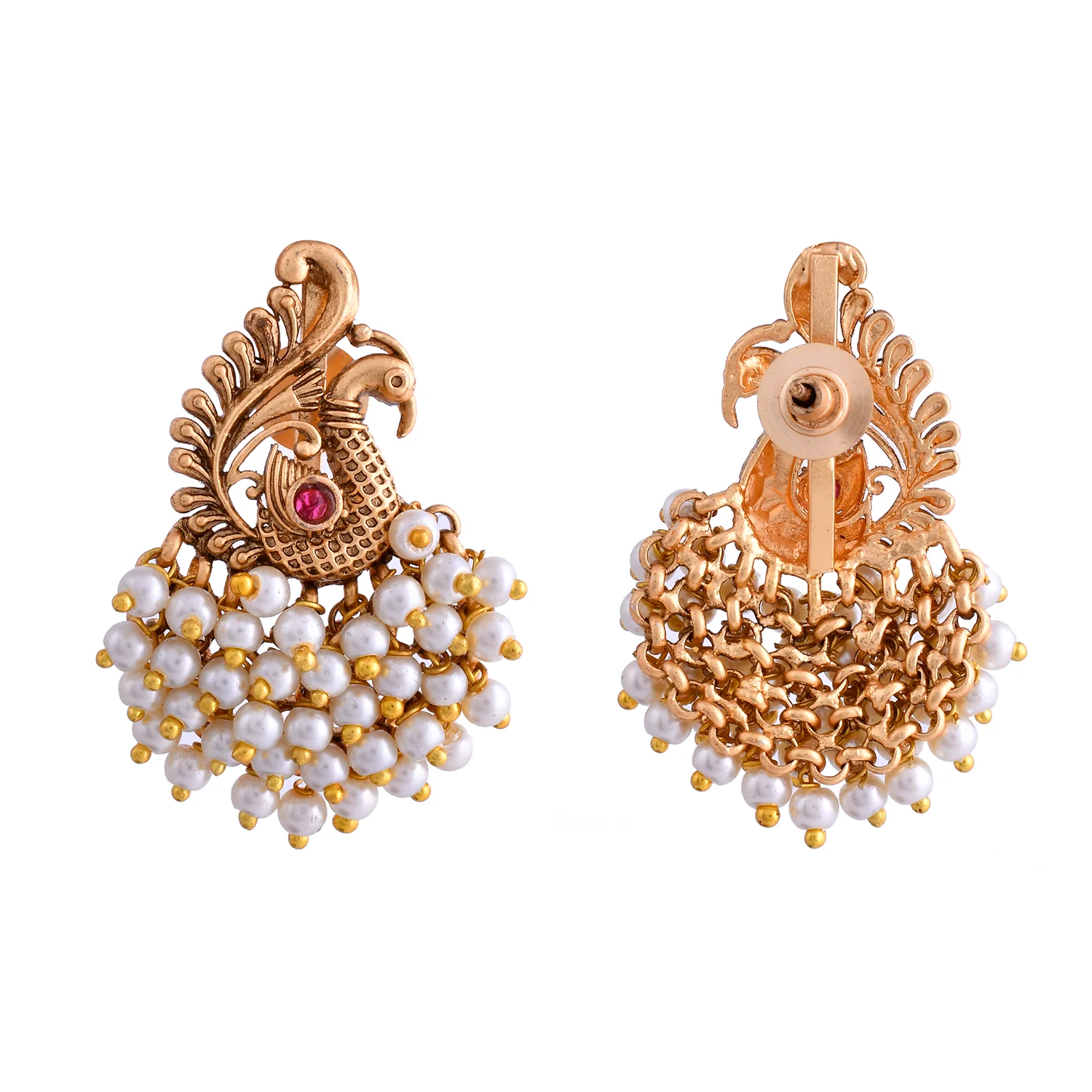 Gold Opulence Mor Mahal Temple Danglers Earrings - Image 4