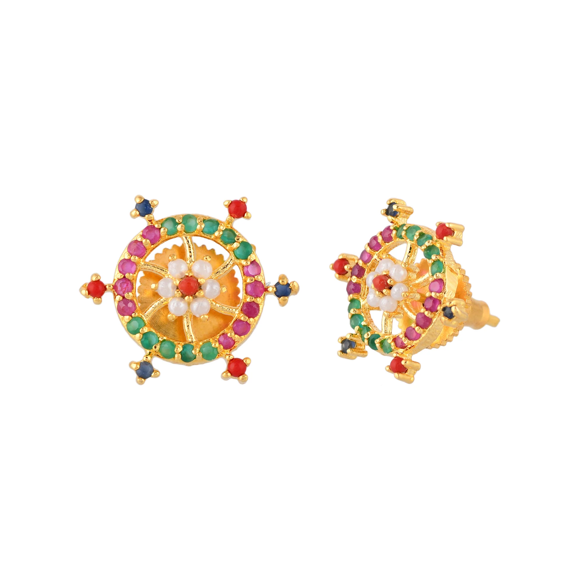 Multicoloured CZ Gems and Pearl Beads Stud Earrings - Image 4