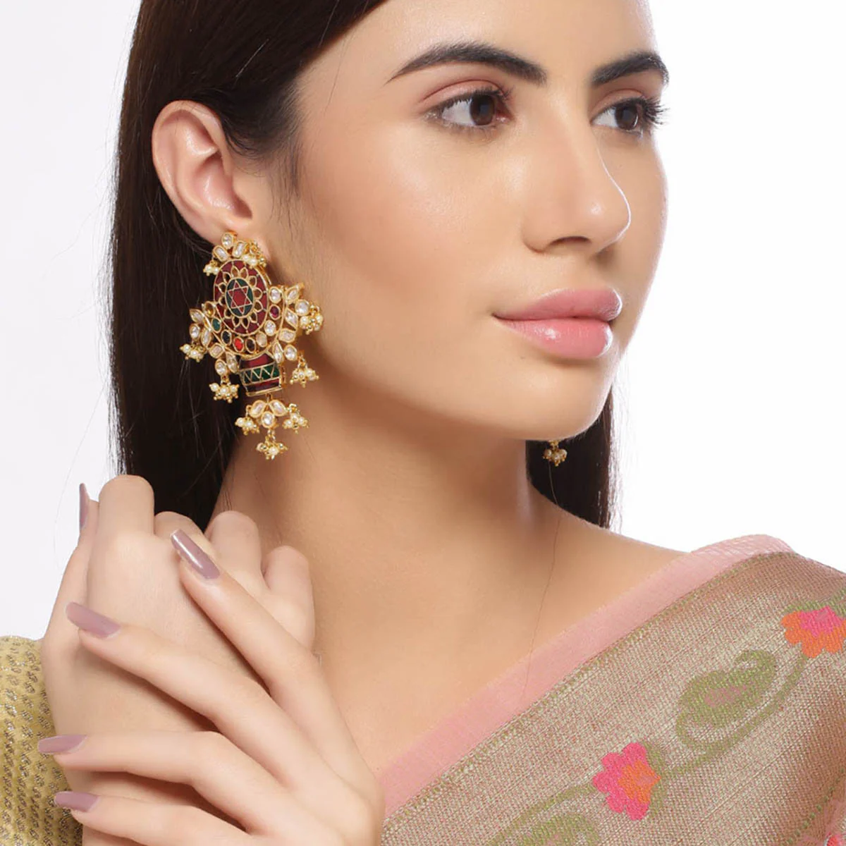 Navratan Antique Style Brass Earrings - Image 2