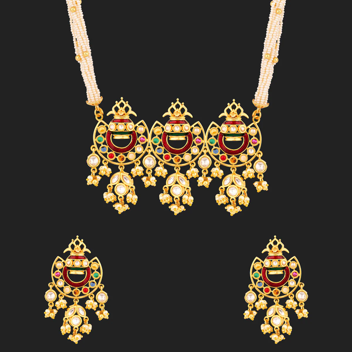 Navratan Pearls and CZ Gems Necklace Set - Image 3