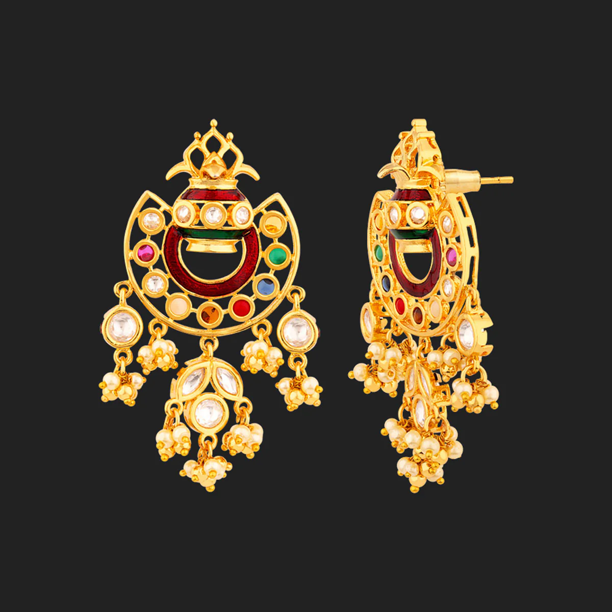 Navratan Pearls and CZ Gems Necklace Set - Image 5