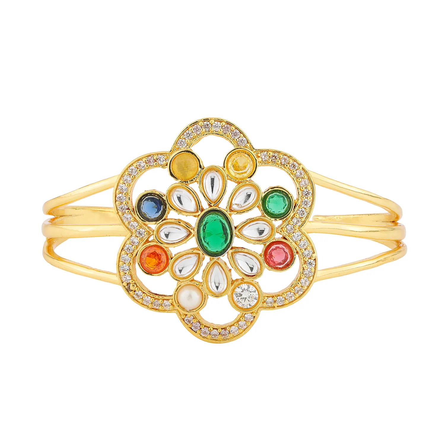 Navratan Blooming Gems Cuff Bangle - Image 4