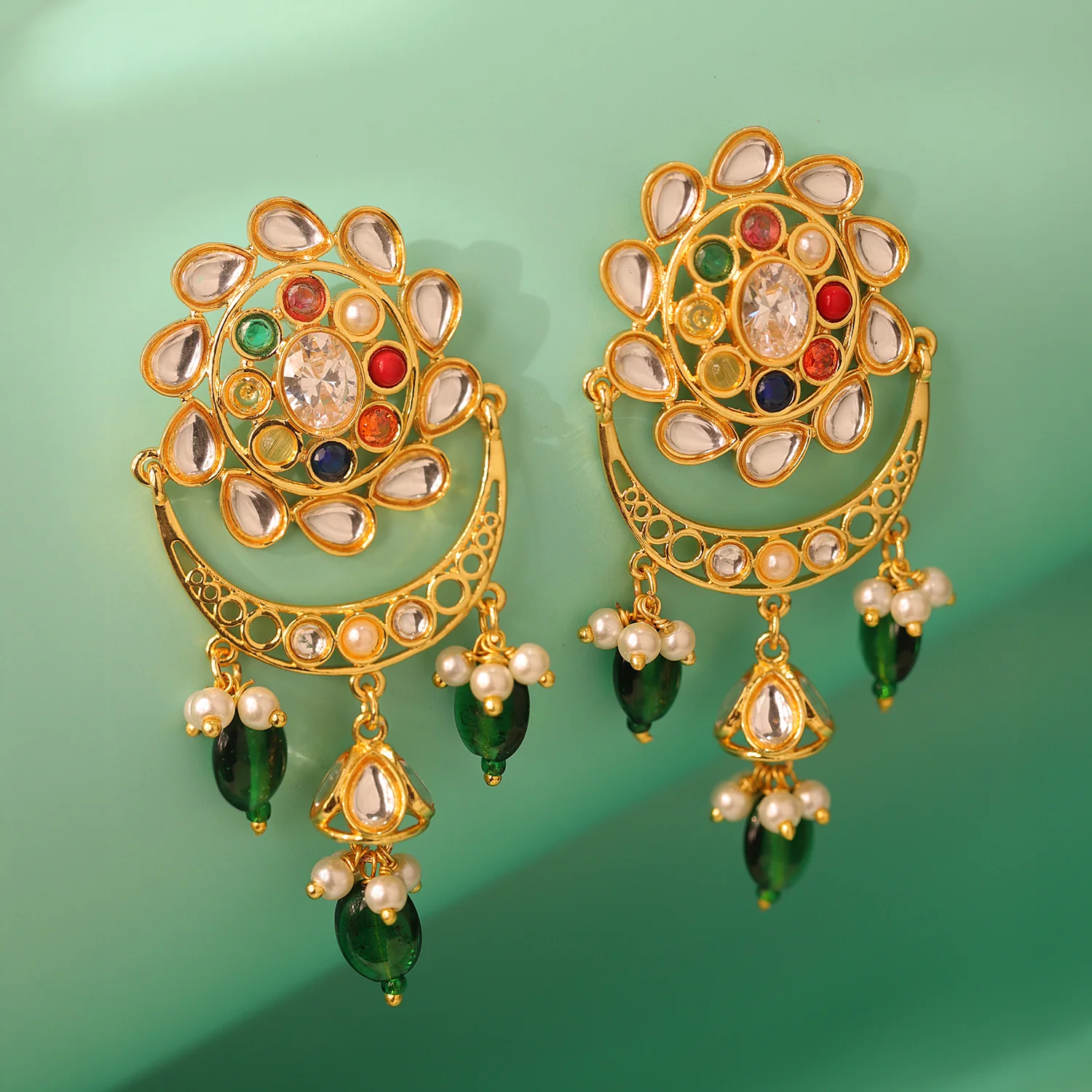 Navratan Chandra Pearl Dangle Chandbali Earrings