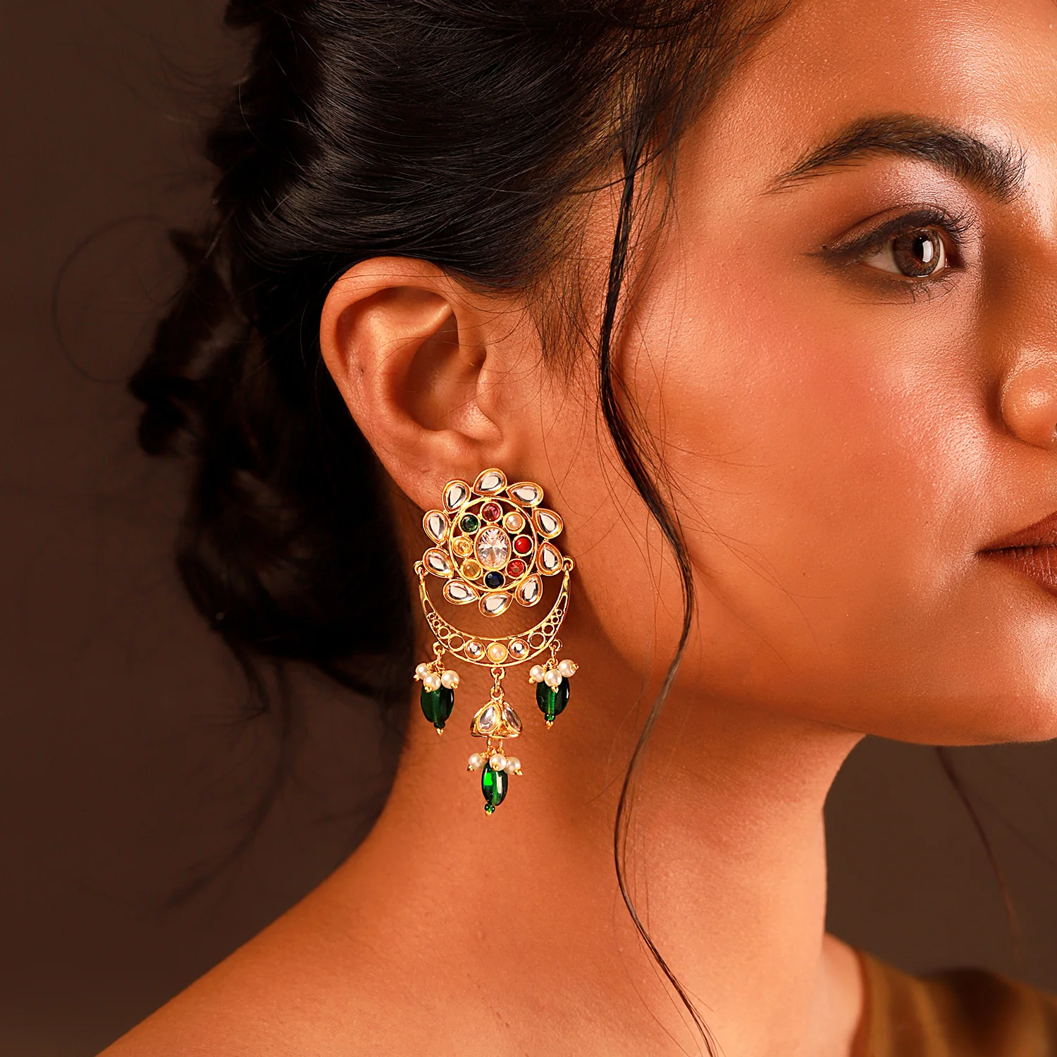 Navratan Chandra Pearl Dangle Chandbali Earrings - Image 2