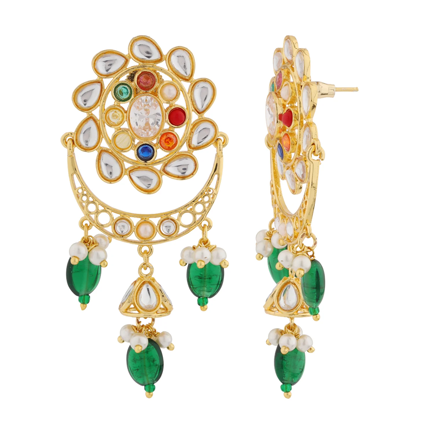 Navratan Chandra Pearl Dangle Chandbali Earrings - Image 4