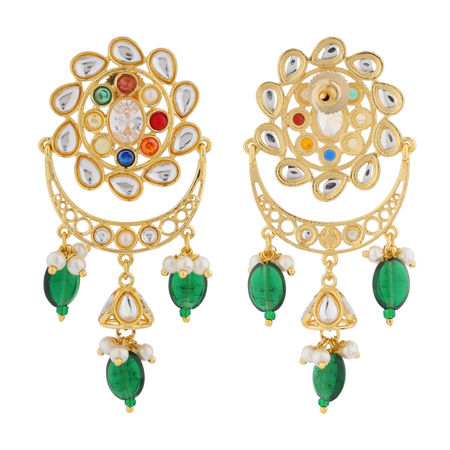 Navratan Chandra Pearl Dangle Chandbali Earrings - Image 5